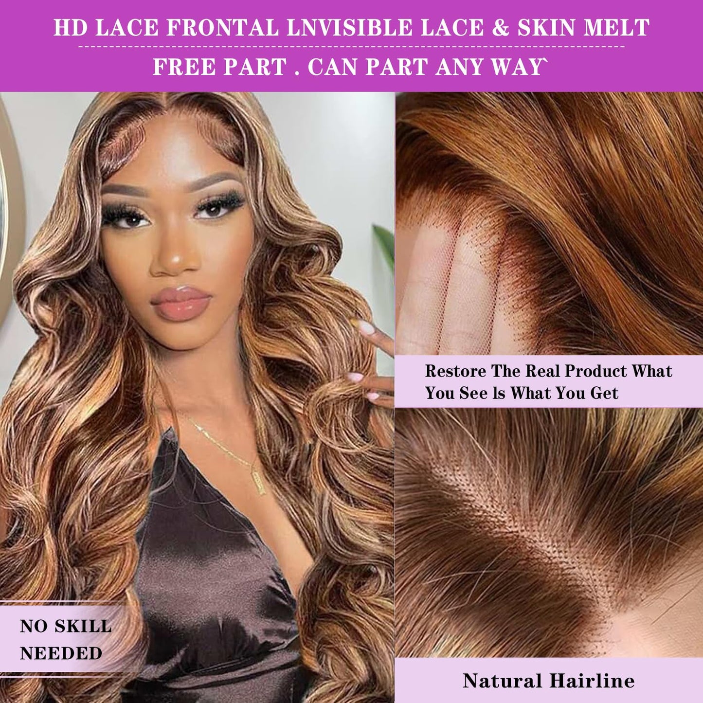 Ombre 4/27 HD Lace Front Body Wave Human Hair Wig - 13x4 Pre-Plucked with Baby Hair, 180% Density, 20 Inch Glueless Design