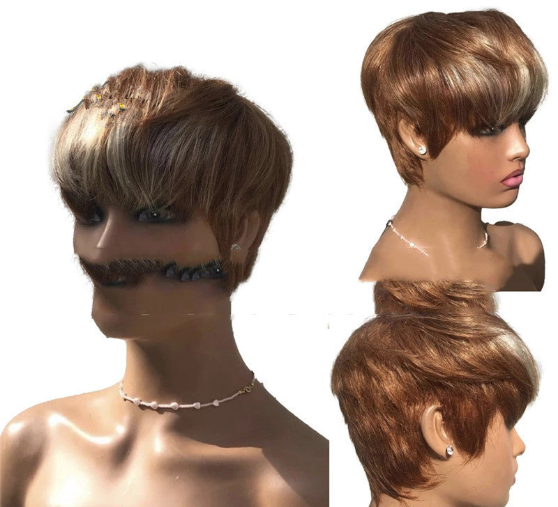 Short Hair Wigs, Brown Highlights, Golden Hair