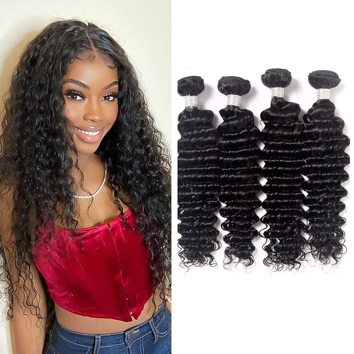 Brazilian Deep Wave Human Hair Bundles - 4 Curly Wet and Wavy Bundles