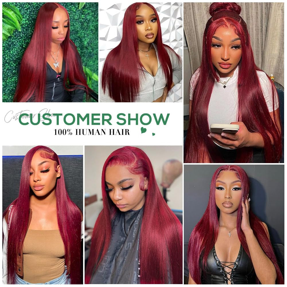 99J Burgundy 13X4 Lace Front Human Hair Wig - 180% Density, 28 Inch Straight Style with Baby Hair for Women