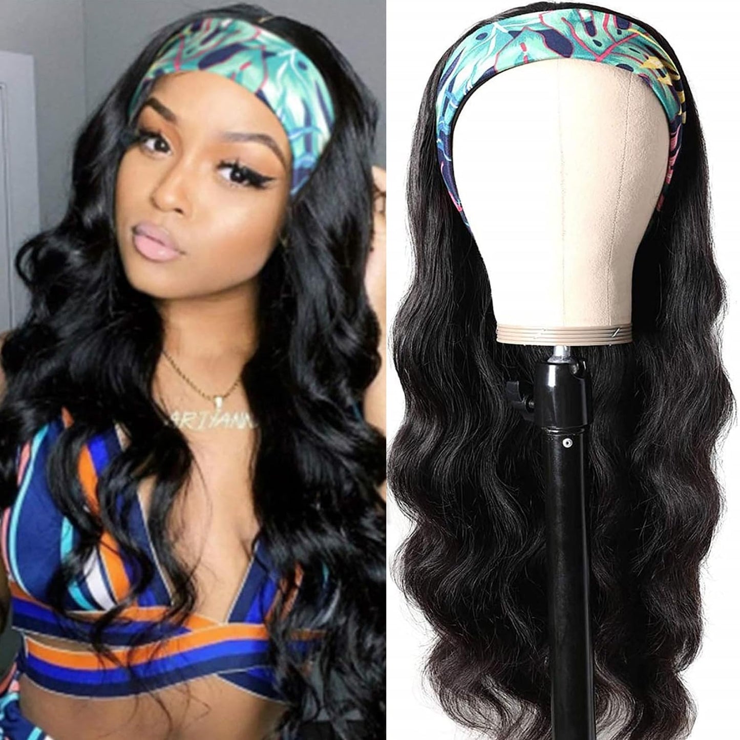 12-Inch Body Wave Headband Wig - Glueless Brazilian Virgin Human Hair for Black Women - Natural Color, Machine Made, Wear and Go