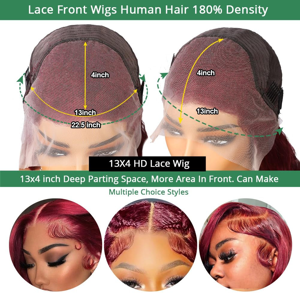 99J Burgundy 13X4 Lace Front Human Hair Wig - 180% Density, 28 Inch Straight Style with Baby Hair for Women