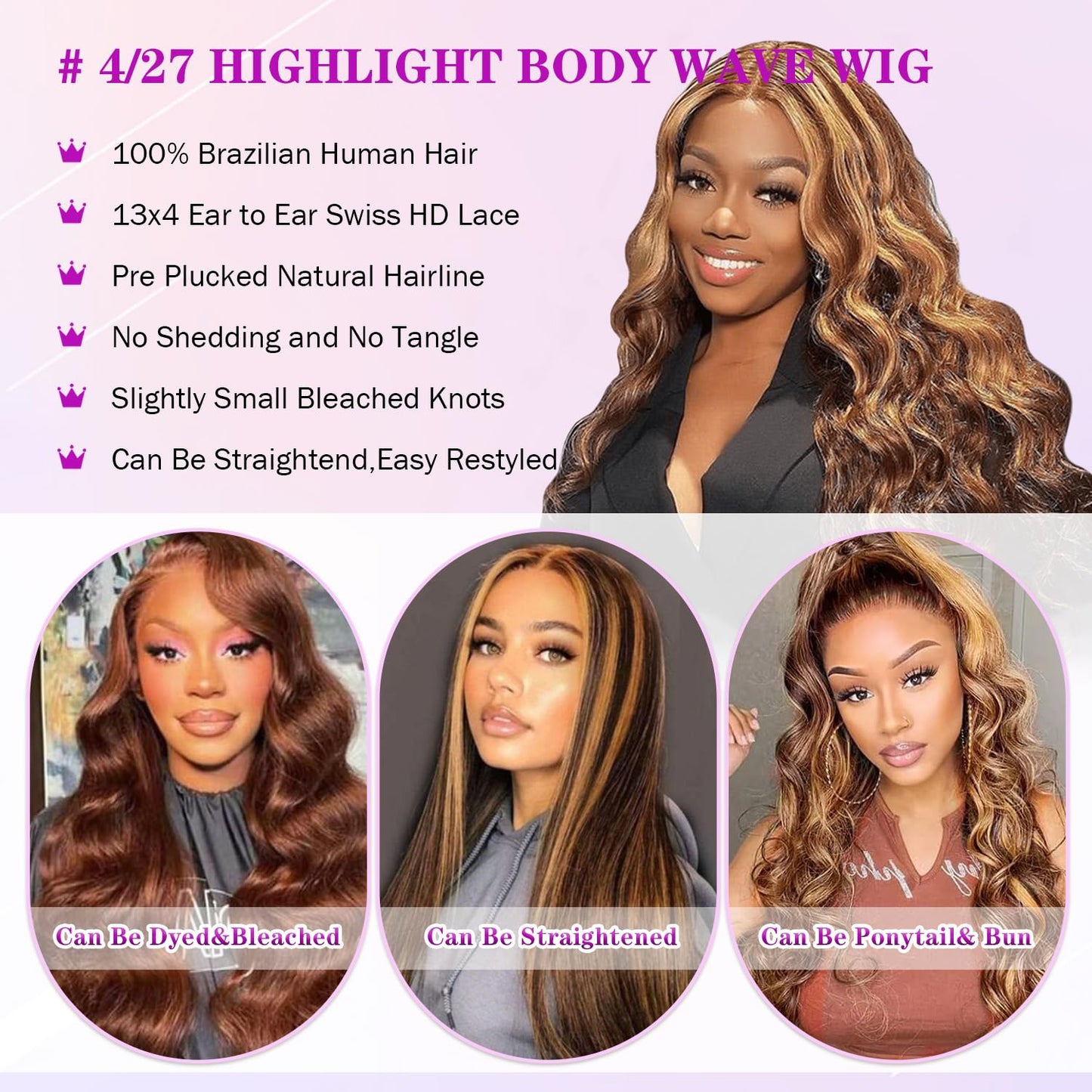 Ombre 4/27 HD Lace Front Body Wave Human Hair Wig - 13x4 Pre-Plucked with Baby Hair, 180% Density, 20 Inch Glueless Design