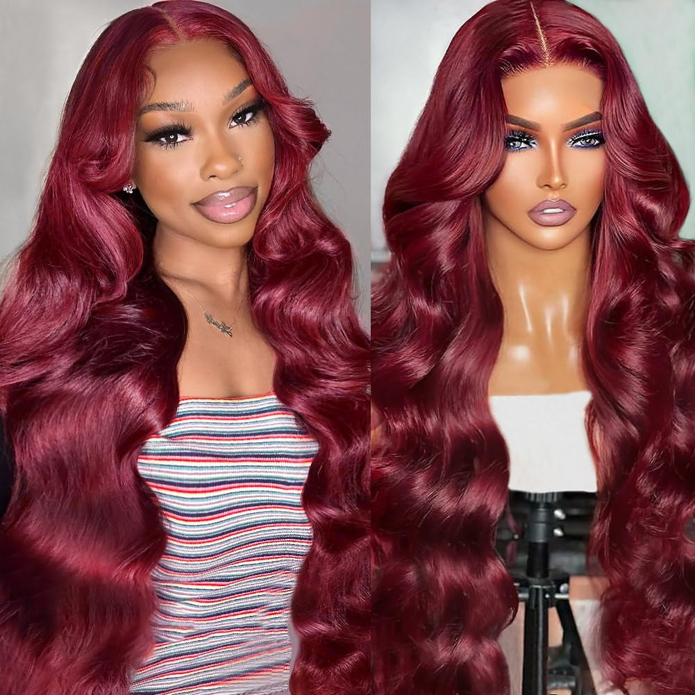 99J Burgundy 13X4 Lace Front Human Hair Wig - 180% Density, 28 Inch Straight Style with Baby Hair for Women