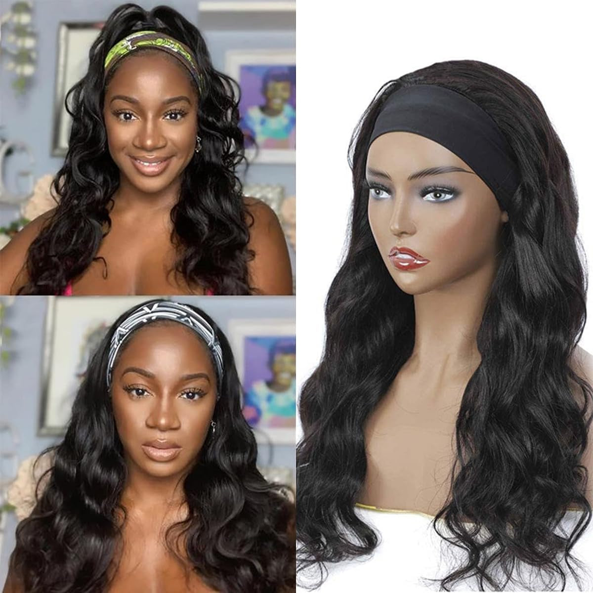 12-Inch Body Wave Headband Wig - Glueless Brazilian Virgin Human Hair for Black Women - Natural Color, Machine Made, Wear and Go
