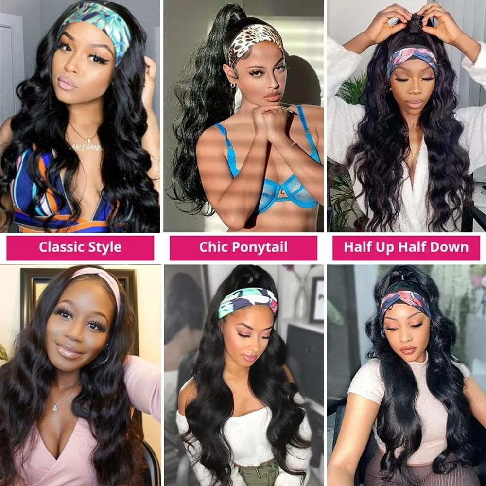 12-Inch Body Wave Headband Wig - Glueless Brazilian Virgin Human Hair for Black Women - Natural Color, Machine Made, Wear and Go