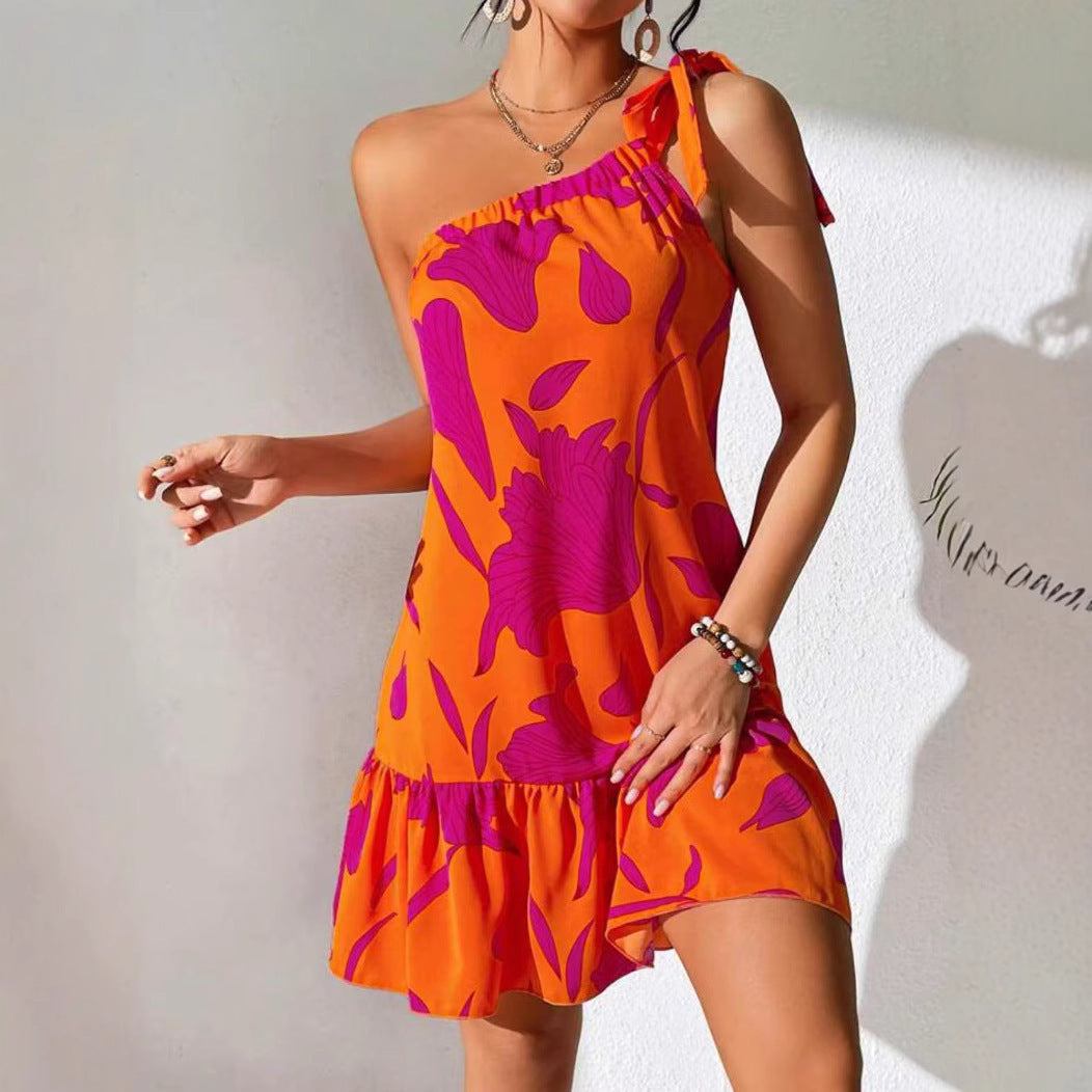 Women's Oblique Shoulder Strap Fashion Printing Dress