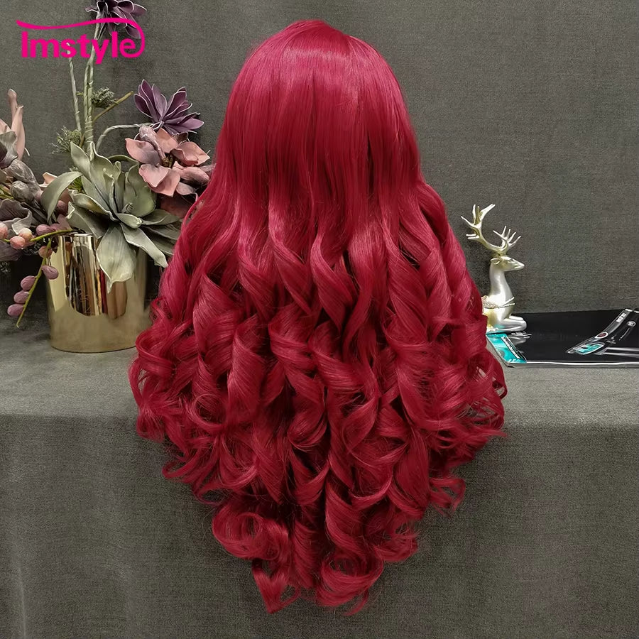 Red Wig Long Synthetic Lace Front Wig Natural Wavy Cosplay Wigs for Women Heat Resistant Fiber White Brown Lace Wigs