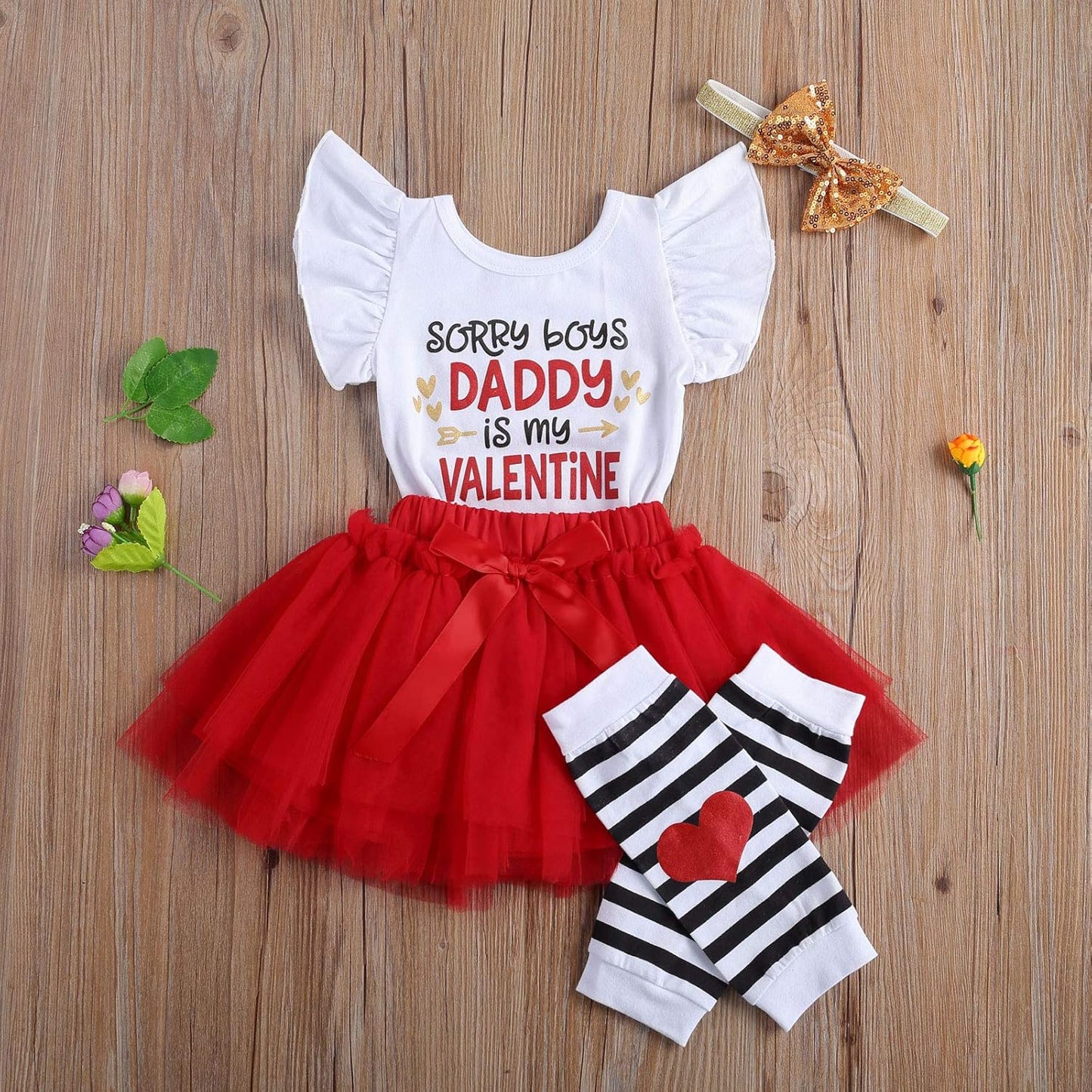 Baby Girl's First Valentine's Day Outfit Set - Ruffle Romper, Tutu Skirt, Leg Warmers, and Headband (4 Pieces, 6-12 Months, White and Red)