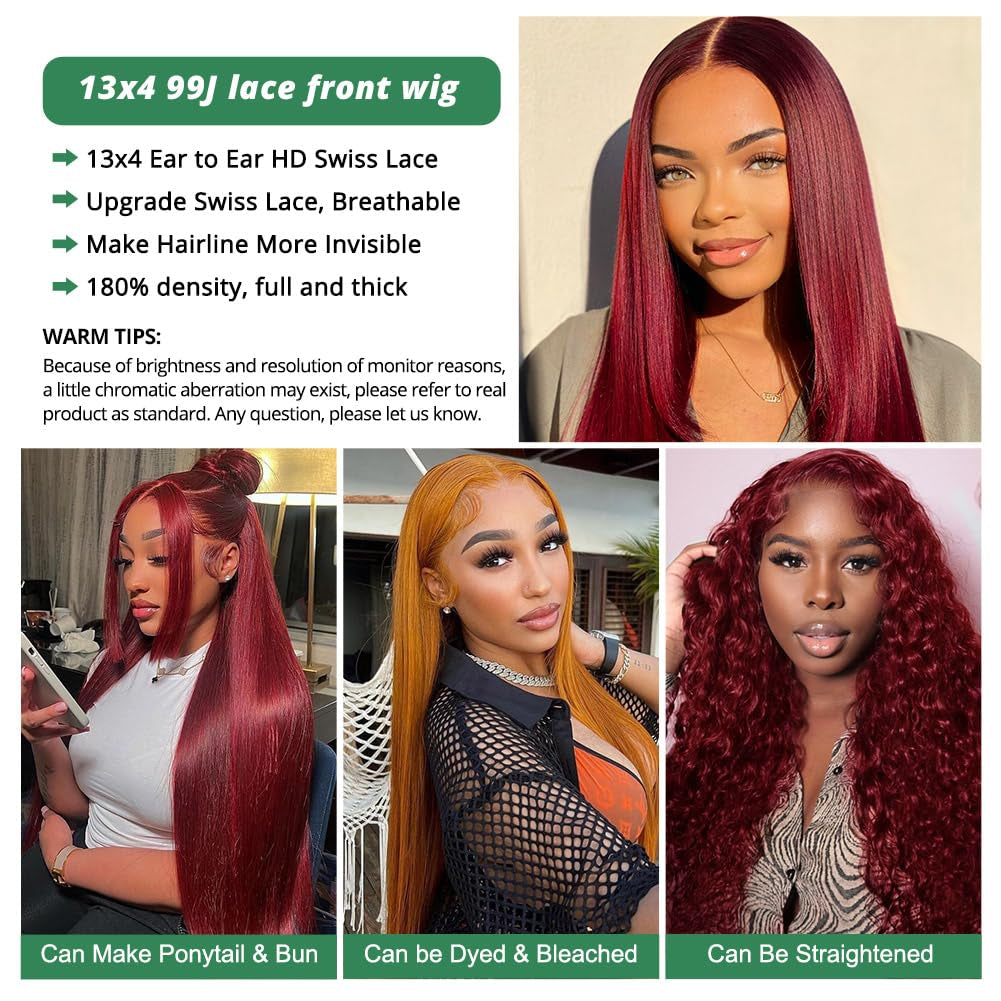 99J Burgundy 13X4 Lace Front Human Hair Wig - 180% Density, 28 Inch Straight Style with Baby Hair for Women