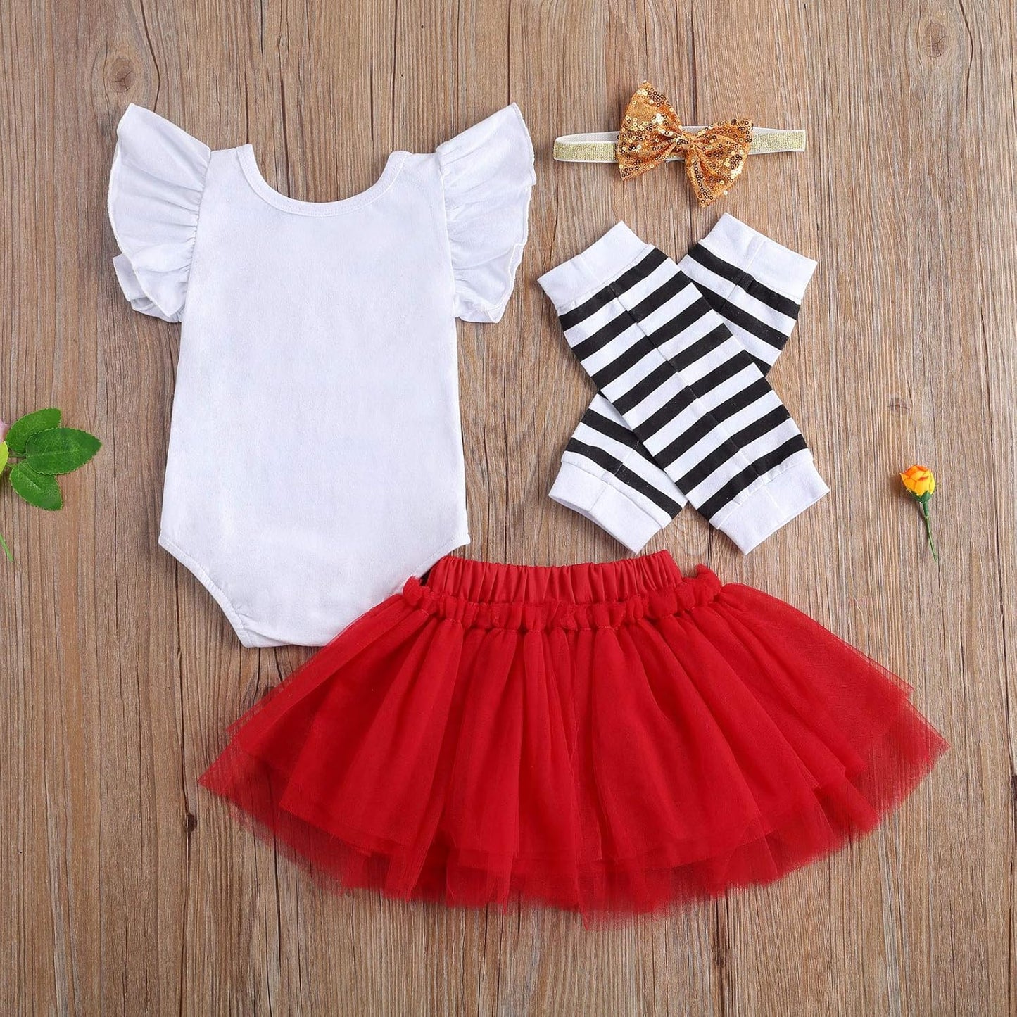 Baby Girl's First Valentine's Day Outfit Set - Ruffle Romper, Tutu Skirt, Leg Warmers, and Headband (4 Pieces, 6-12 Months, White and Red)