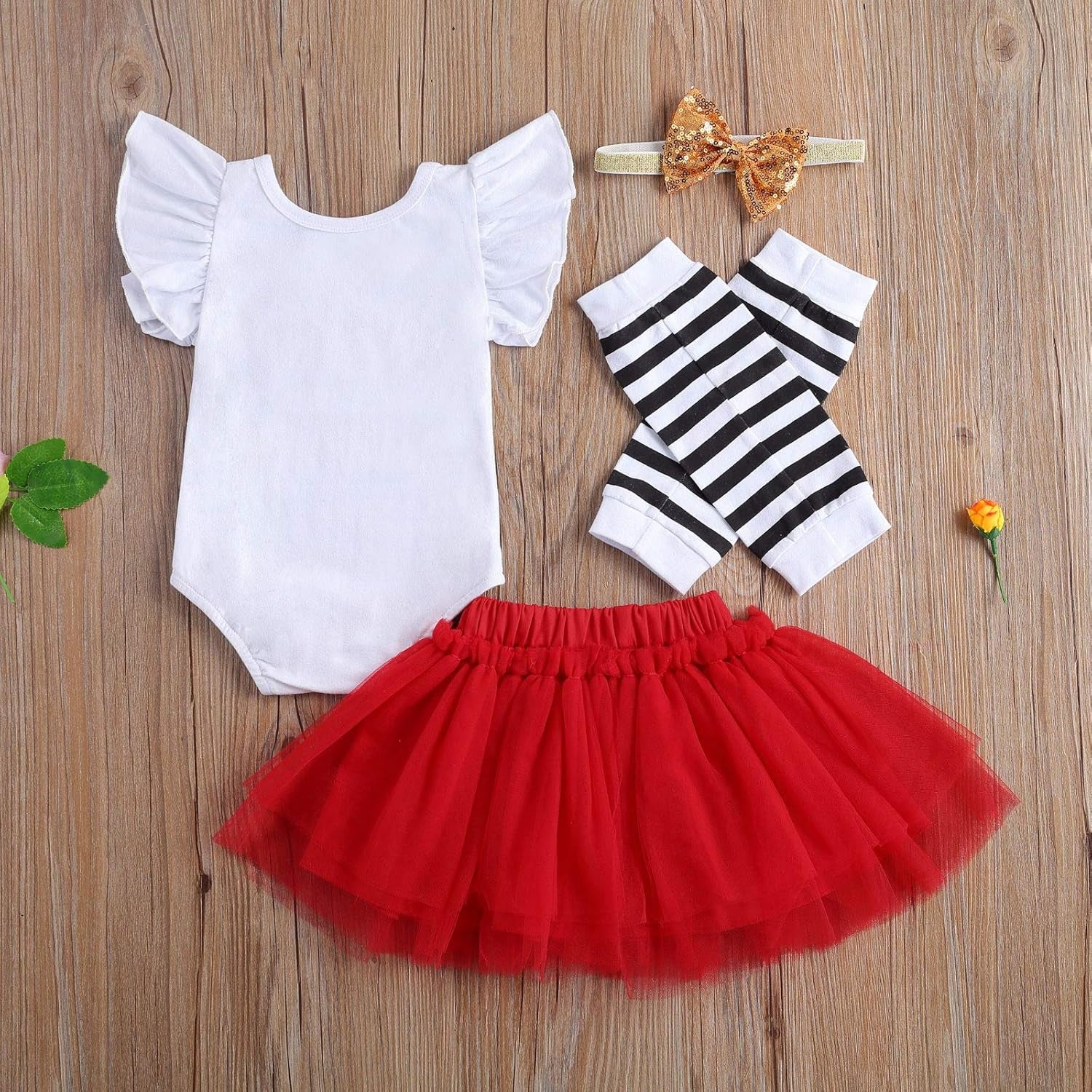 Baby Girl's First Valentine's Day Outfit Set - Ruffle Romper, Tutu Skirt, Leg Warmers, and Headband (4 Pieces, 6-12 Months, White and Red)