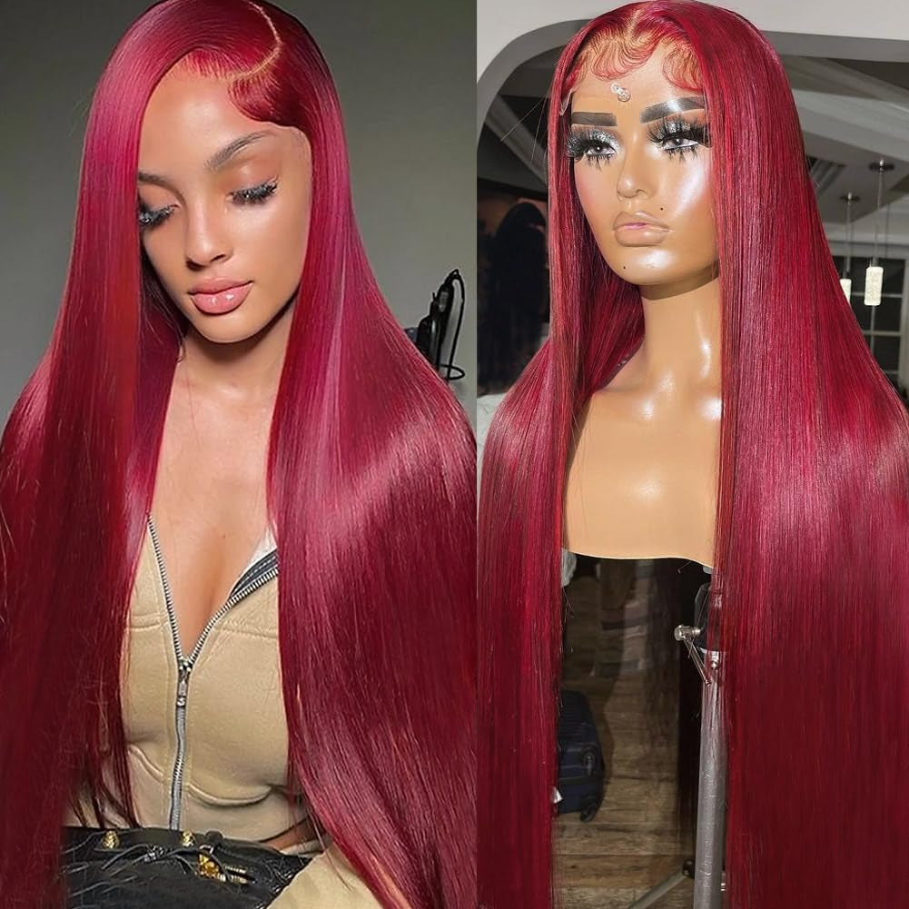 99J Burgundy 13X4 Lace Front Human Hair Wig - 180% Density, 28 Inch Straight Style with Baby Hair for Women