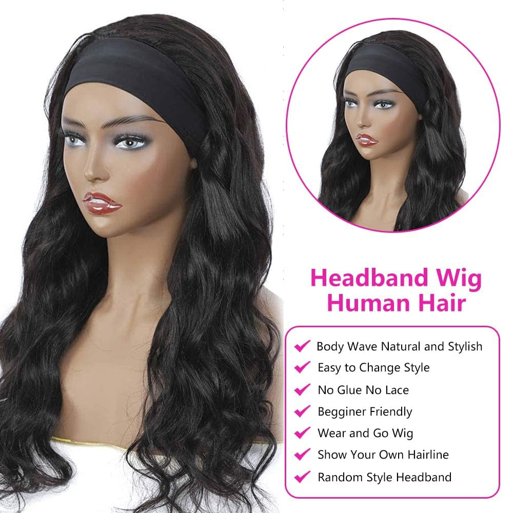 12-Inch Body Wave Headband Wig - Glueless Brazilian Virgin Human Hair for Black Women - Natural Color, Machine Made, Wear and Go