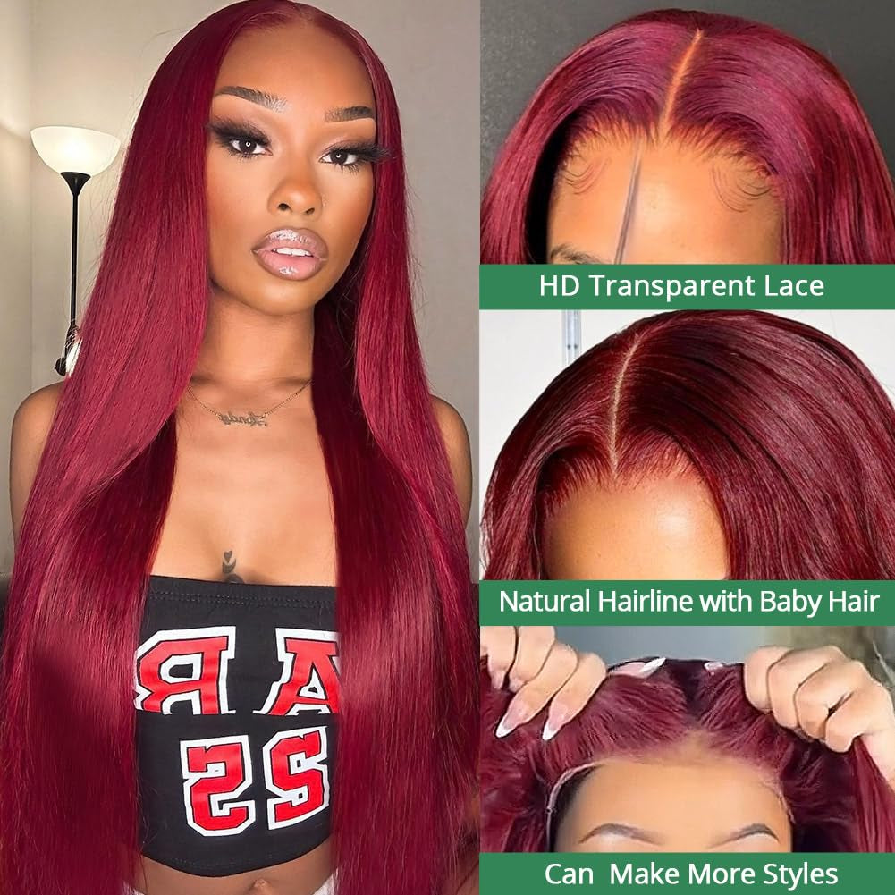 99J Burgundy 13X4 Lace Front Human Hair Wig - 180% Density, 28 Inch Straight Style with Baby Hair for Women