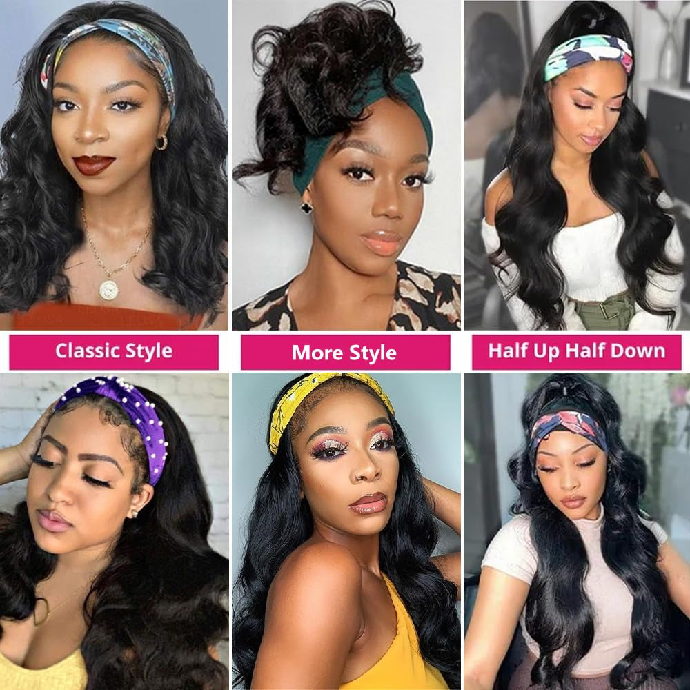 12-Inch Body Wave Headband Wig - Glueless Brazilian Virgin Human Hair for Black Women - Natural Color, Machine Made, Wear and Go