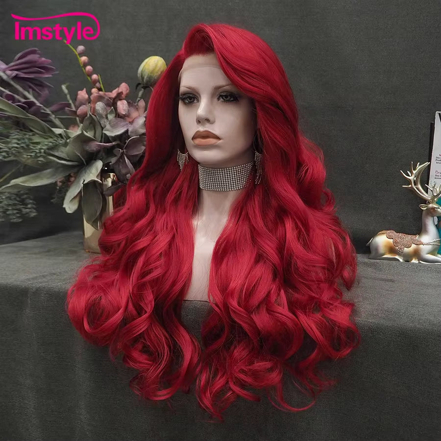 Red Wig Long Synthetic Lace Front Wig Natural Wavy Cosplay Wigs for Women Heat Resistant Fiber White Brown Lace Wigs
