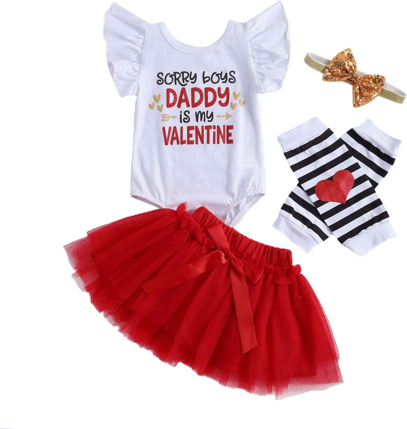 Baby Girl's First Valentine's Day Outfit Set - Ruffle Romper, Tutu Skirt, Leg Warmers, and Headband (4 Pieces, 6-12 Months, White and Red)