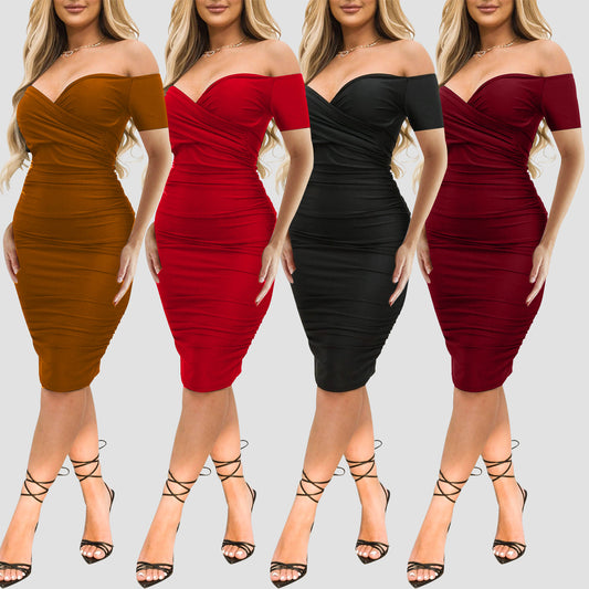 Women's Nightclub Off-shoulder Short Sleeve Dress Sexy Off The Shoulder Midi Dress Ruched Bodycon Dresses