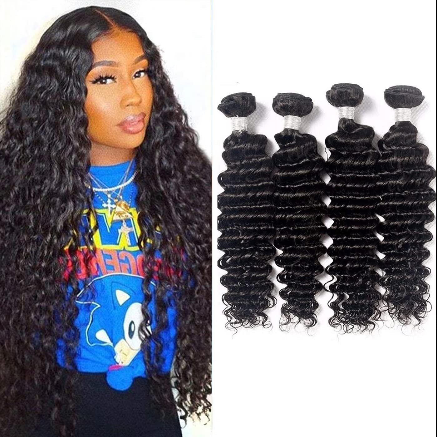 Brazilian Deep Wave Human Hair Bundles - 4 Curly Wet and Wavy Bundles