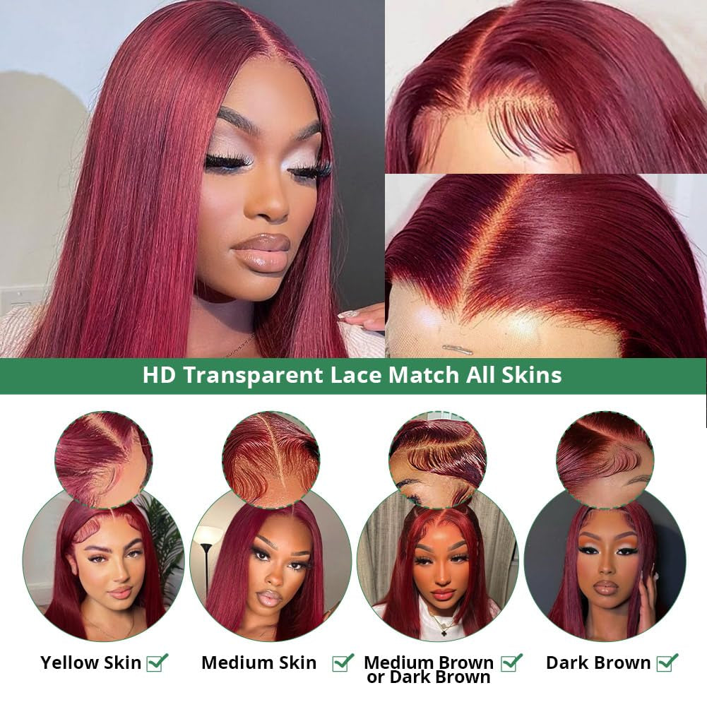 99J Burgundy 13X4 Lace Front Human Hair Wig - 180% Density, 28 Inch Straight Style with Baby Hair for Women