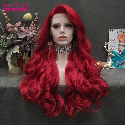 Red Wig Long Synthetic Lace Front Wig Natural Wavy Cosplay Wigs for Women Heat Resistant Fiber White Brown Lace Wigs