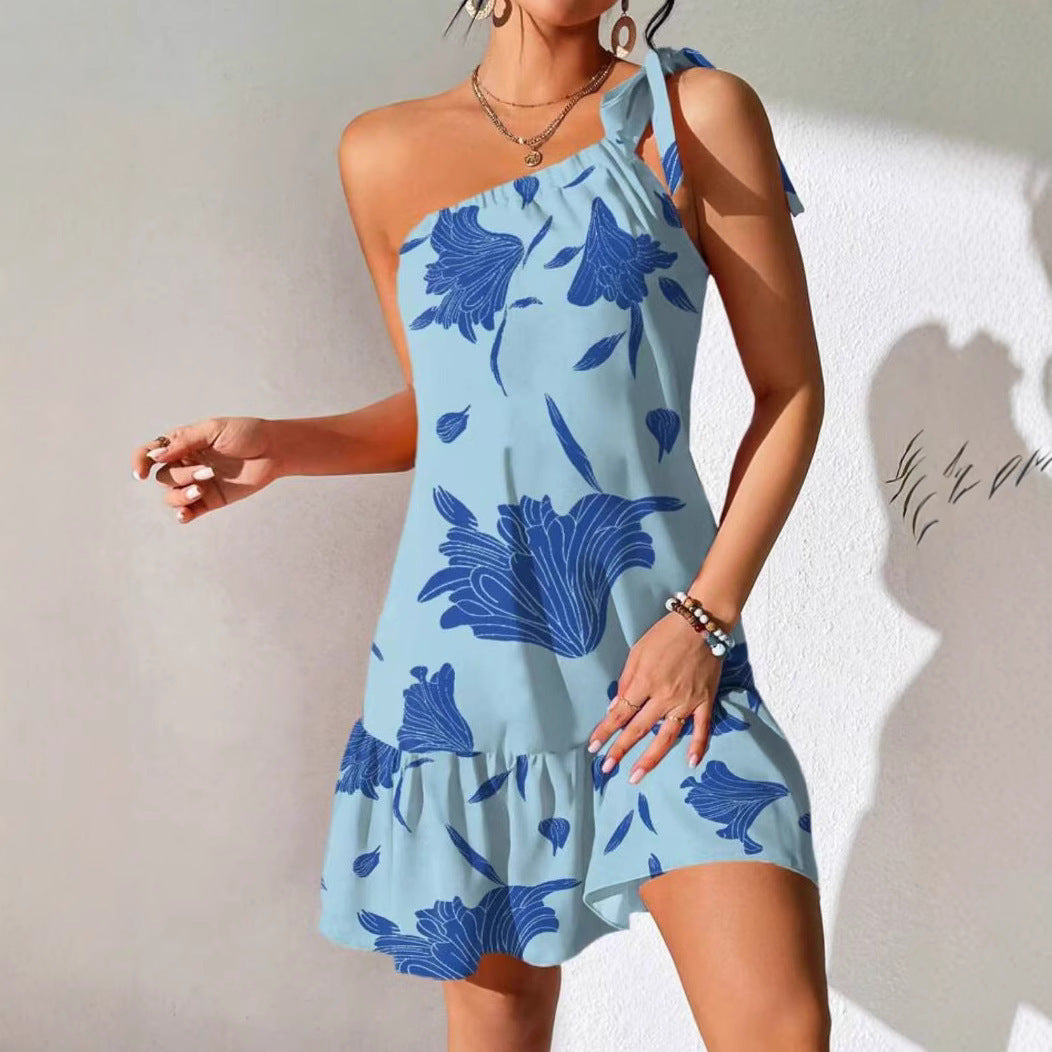 Women's Oblique Shoulder Strap Fashion Printing Dress