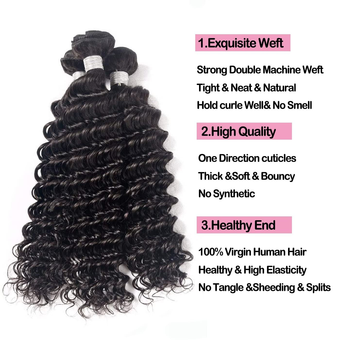 Brazilian Deep Wave Human Hair Bundles - 4 Curly Wet and Wavy Bundles