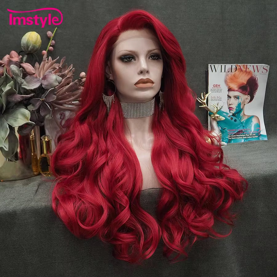 Red Wig Long Synthetic Lace Front Wig Natural Wavy Cosplay Wigs for Women Heat Resistant Fiber White Brown Lace Wigs