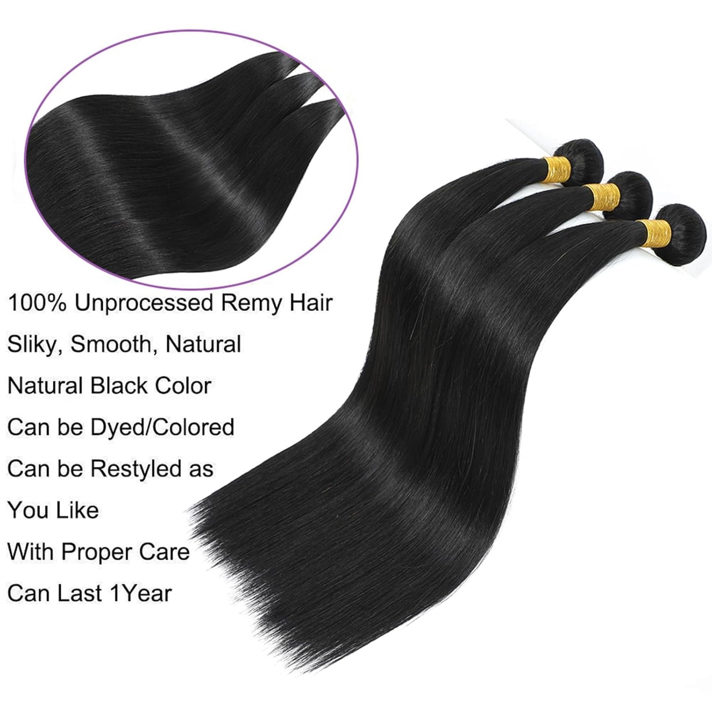Premium 28-Inch Straight Human Hair Bundles - 100% Unprocessed Brazilian Hair Extensions, Silky Straight, 12A Quality