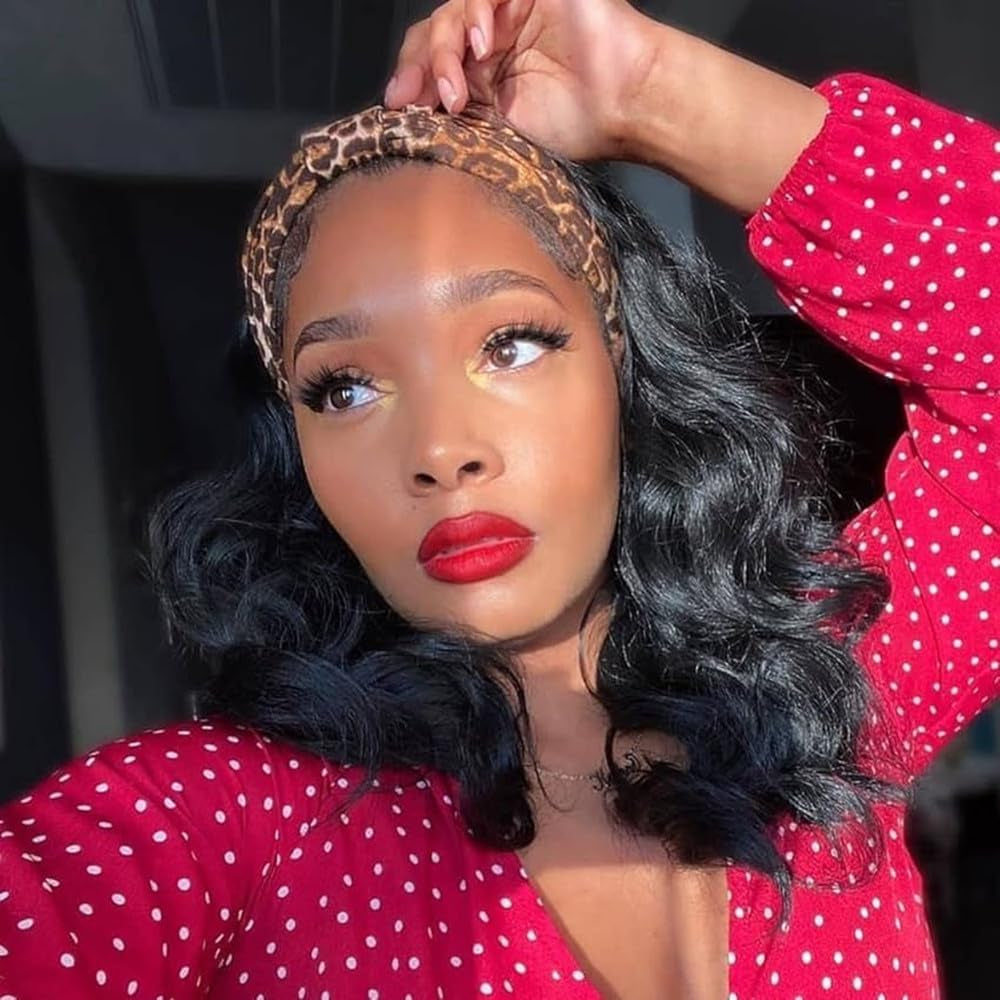 12-Inch Body Wave Headband Wig - Glueless Brazilian Virgin Human Hair for Black Women - Natural Color, Machine Made, Wear and Go