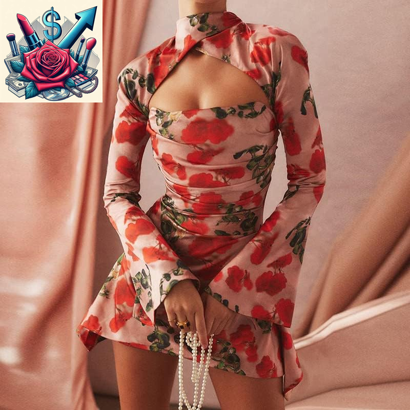Women Sexy Criss Cross Halter Y2K Mini Dress with Gloves Cutout Vintage Short Bodycon Party Night Club Outfits Floral M