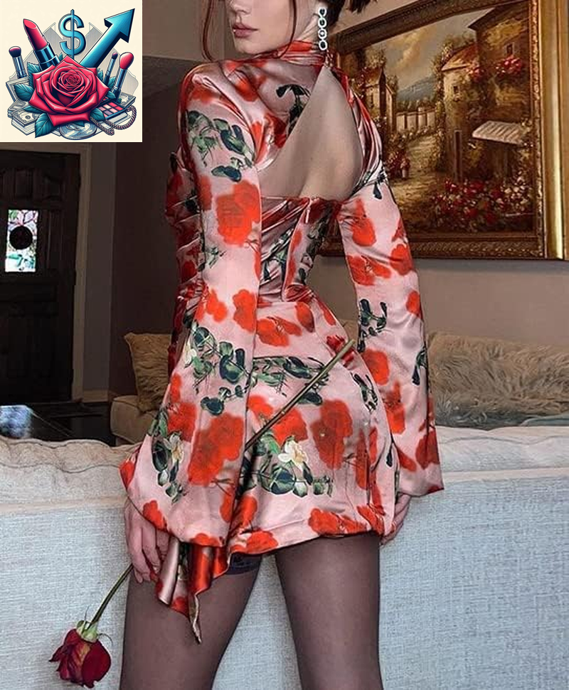 Women Sexy Criss Cross Halter Y2K Mini Dress with Gloves Cutout Vintage Short Bodycon Party Night Club Outfits Floral M