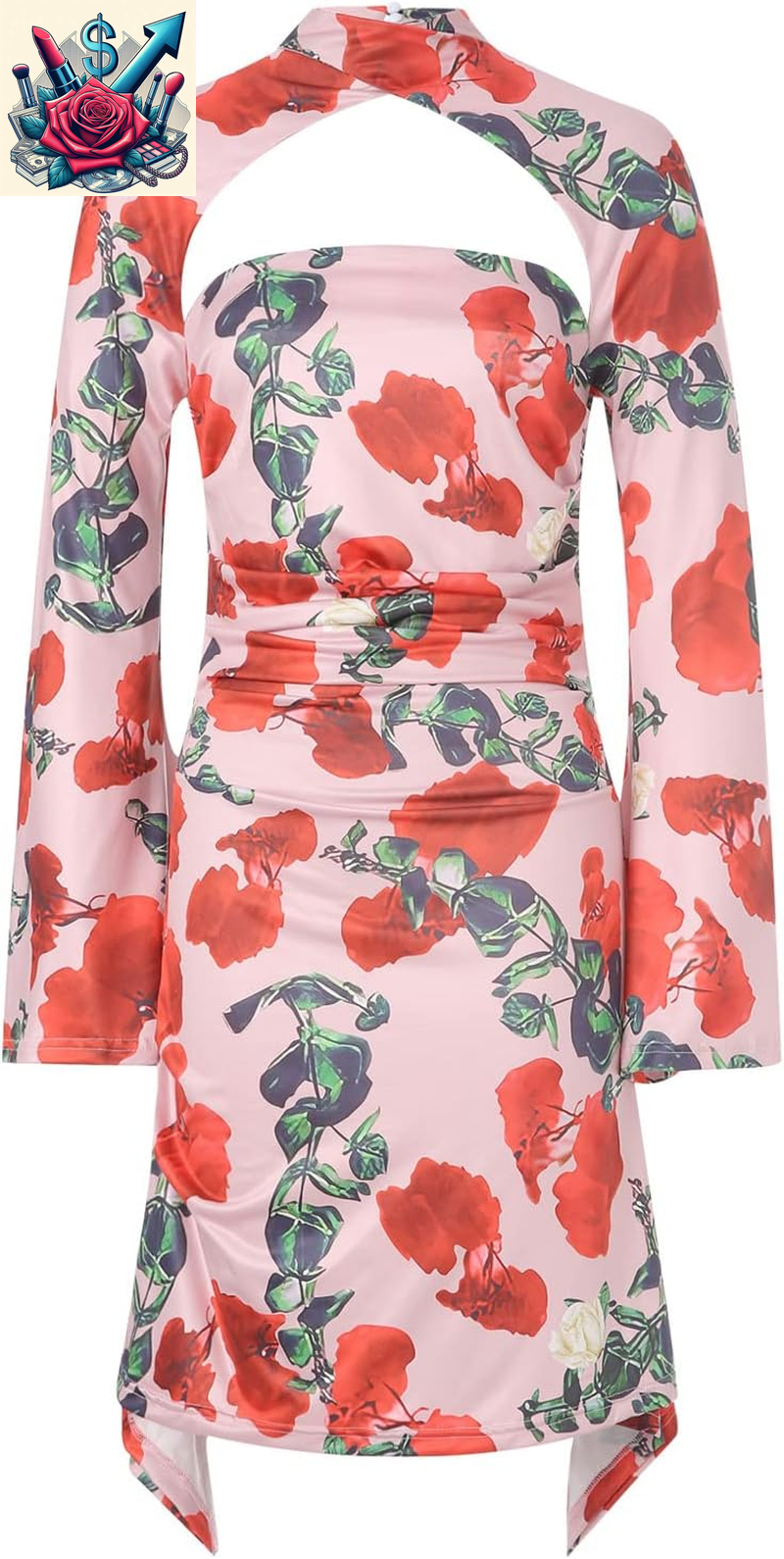 Women Sexy Criss Cross Halter Y2K Mini Dress with Gloves Cutout Vintage Short Bodycon Party Night Club Outfits Floral M