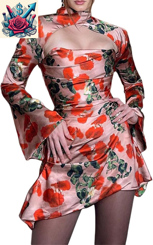 Women Sexy Criss Cross Halter Y2K Mini Dress with Gloves Cutout Vintage Short Bodycon Party Night Club Outfits Floral M
